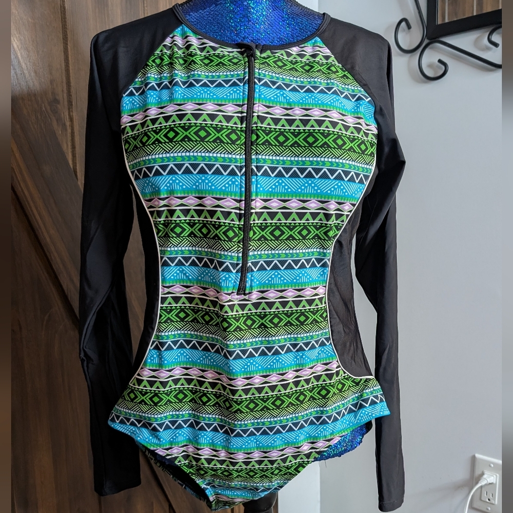 Colorful Geometric Long Sleeve Swimsuit 2XL Fits 16 or 18
